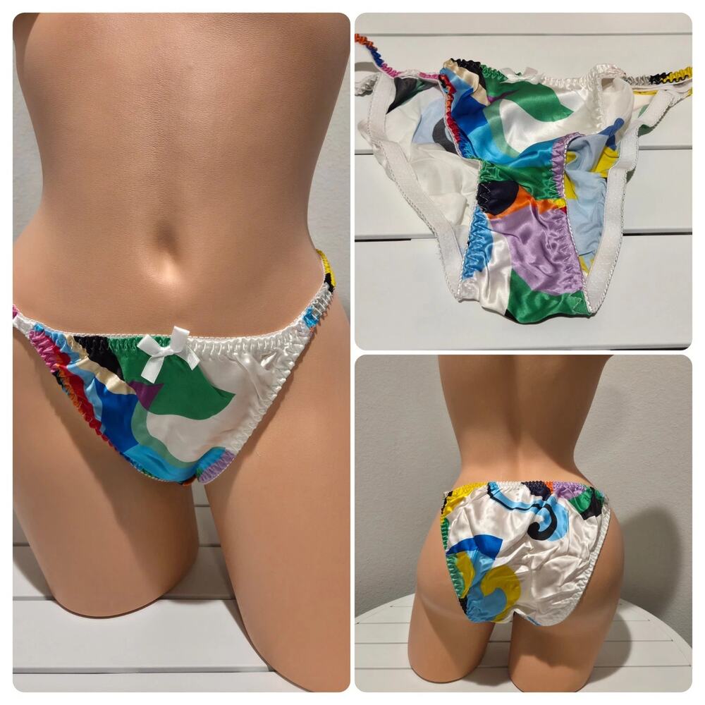 Liquid Satin String Bikini Panty Shiny Double Silk Gusset Print Multi Color